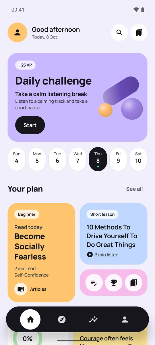 MindRise home screen with daily inspiration and goal